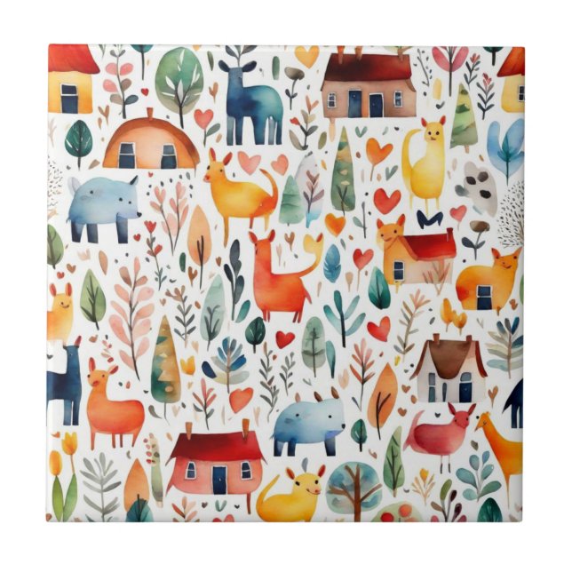 Rothäuser und Häuser niedliche Papierblätter Fliese (Vorderseite)