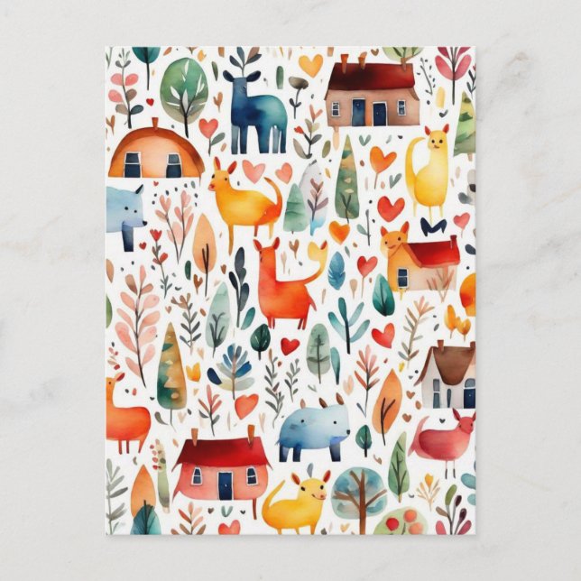 Rothäuser und Häuser niedliche Papierblätter Postkarte (Vorderseite)