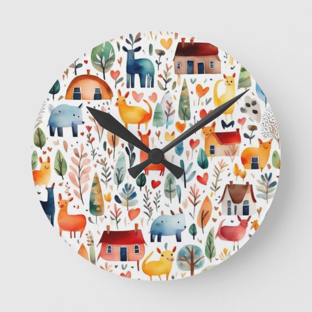 Rothäuser und Häuser niedliche Papierblätter Runde Wanduhr (Vorderseite)