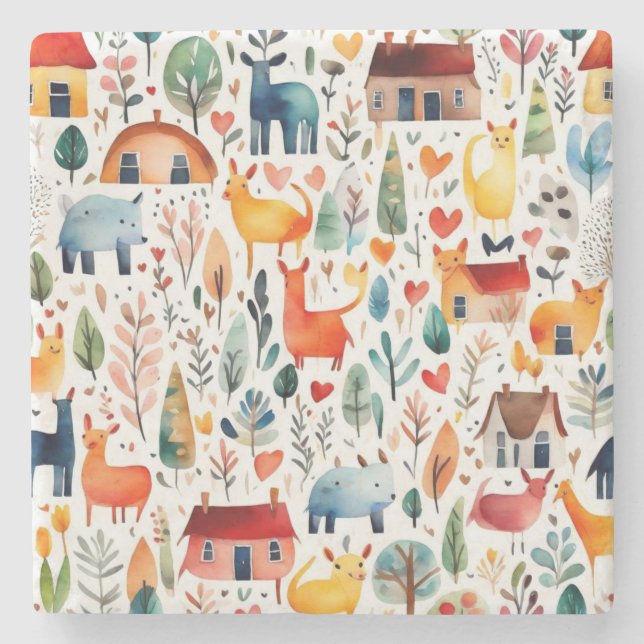 Rothäuser und Häuser niedliche Papierblätter Steinuntersetzer (Vorderseite)