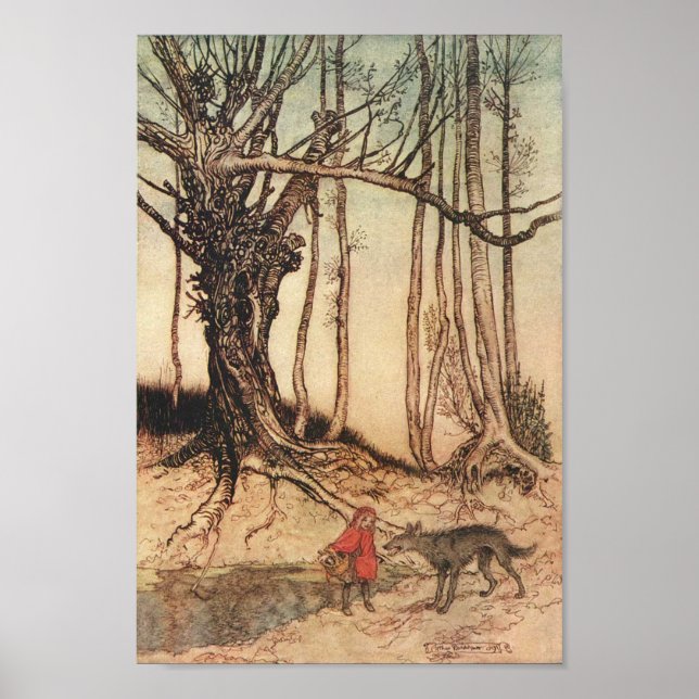 Rotkäppchen begegnet den Wolf, Arthur Rackham Poster (Vorne)