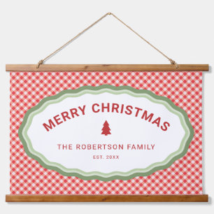 Rotkariertes personalisiertes Weihnachtsfest Wandteppich Mit Holzrahmen