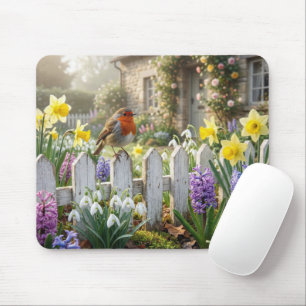 Rotkehlchen auf einem Frühlingsgartenzaun Mousepad