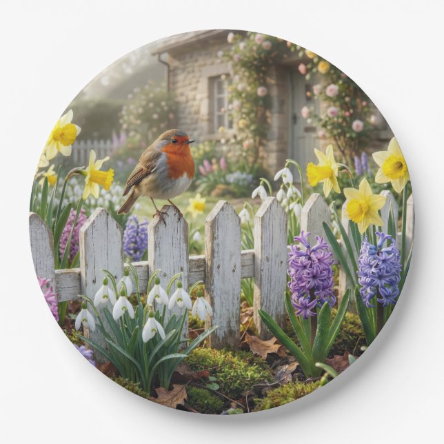 Rotkehlchen auf einem Frühlingsgartenzaun Pappteller (Vorderseite)