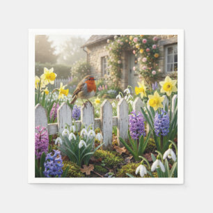 Rotkehlchen auf einem Frühlingsgartenzaun Serviette