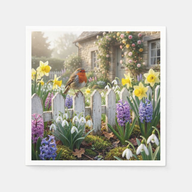 Rotkehlchen auf einem Frühlingsgartenzaun Serviette (Vorderseite)