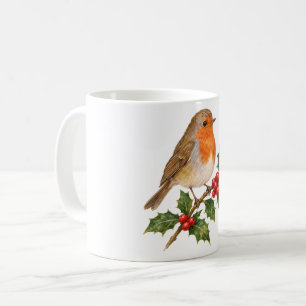 Rotkehlchen auf einem Stechpalmenzweig Kaffeetasse
