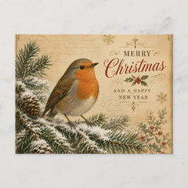 Rotkehlchen auf einem Weihnachtspostkartenbaum Feiertagspostkarte