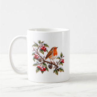 Rotkehlchen auf schneebedecktem Winterzweig Weihna Kaffeetasse