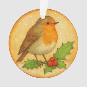 Rotkehlchen auf Stechpalmenzweig Ornament