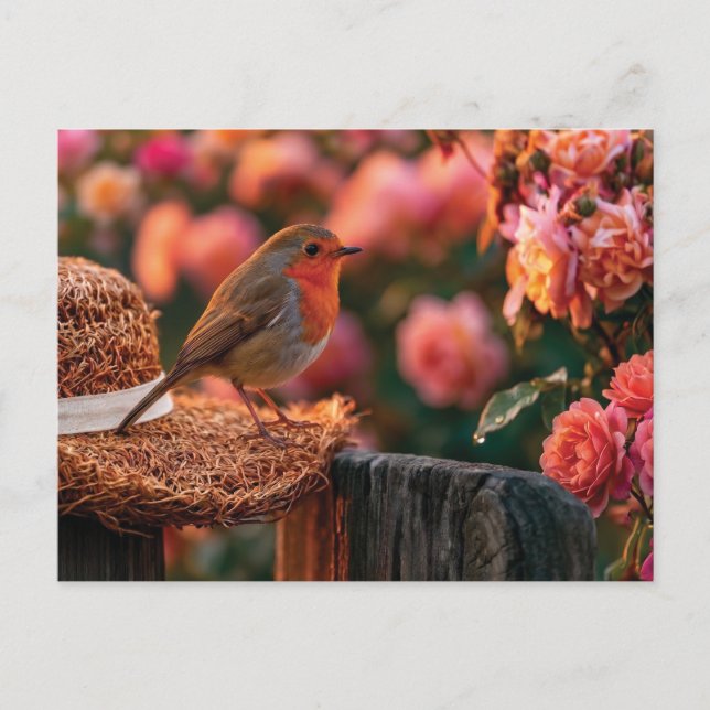 Rotkehlchen auf Strohhut im Rosengarten Postkarte (Vorderseite)
