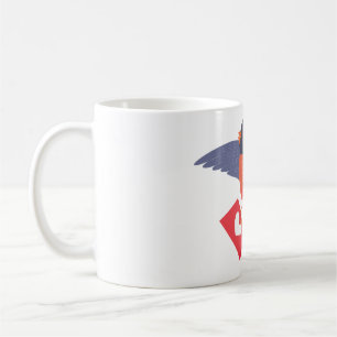 Rotkehlchen fliegt mit rotem Herz Liebesbrief Kaffeetasse