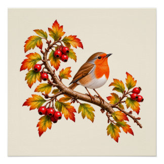 Rotkehlchen Herbst Botanisches Vogeldessin Poster
