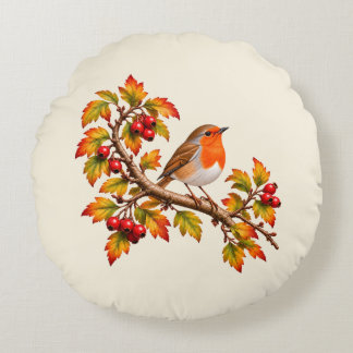 Rotkehlchen Herbst Botanisches Vogeldessin Rundes Kissen