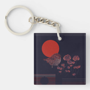 Rotkehlchen-Illustration mit roter Sonne Schlüsselanhänger