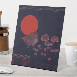 Rotkehlchen-Illustration mit roter Sonne Sockelschild