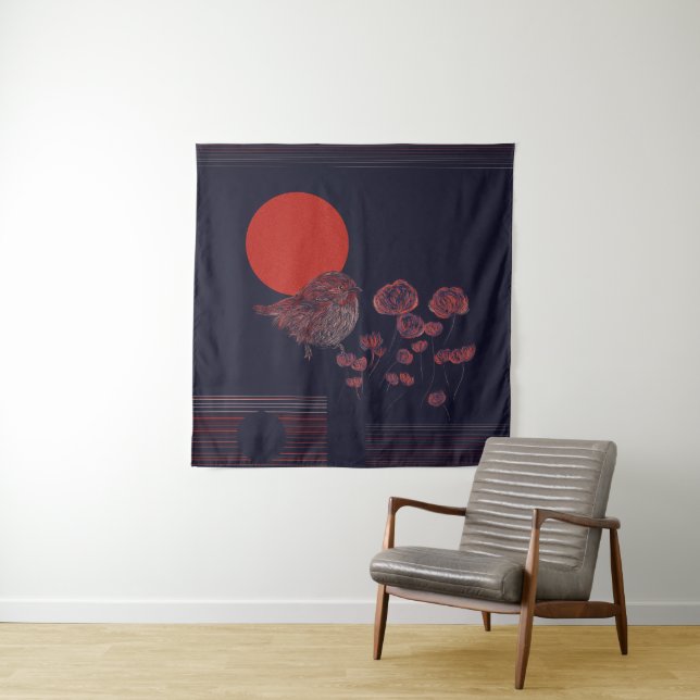 Rotkehlchen-Illustration mit roter Sonne Wandteppich (Beispiel)