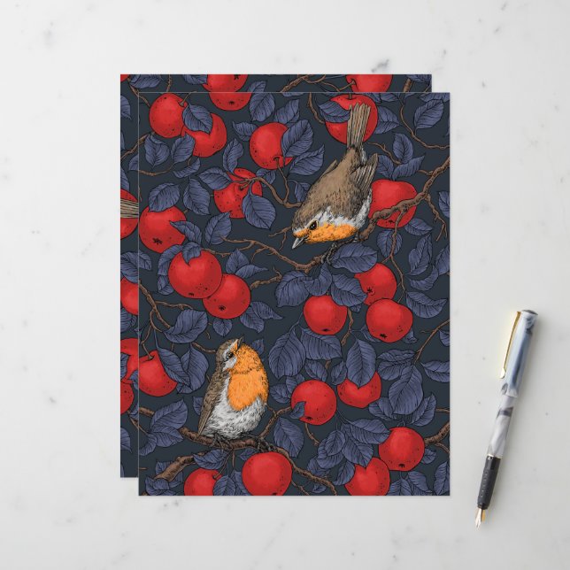 Rotkehlchen im Apfelbaum/ blau und rot  (Vorderseite/Rückseite Beispiel)