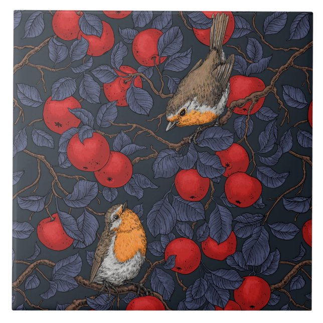 Rotkehlchen im Apfelbaum/ blau und rot  Fliese (Vorderseite)