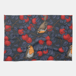 Rotkehlchen im Apfelbaum/Blau und Rot Geschirrtuch