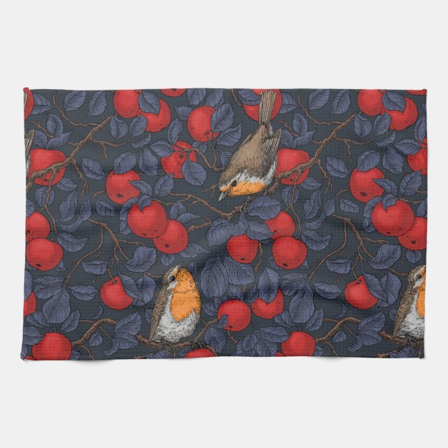 Rotkehlchen im Apfelbaum/Blau und Rot Geschirrtuch (Horizontal)
