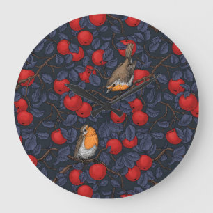 Rotkehlchen im Apfelbaum/Blau und Rot Große Wanduhr