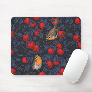 Rotkehlchen im Apfelbaum/ blau und rot  Mousepad