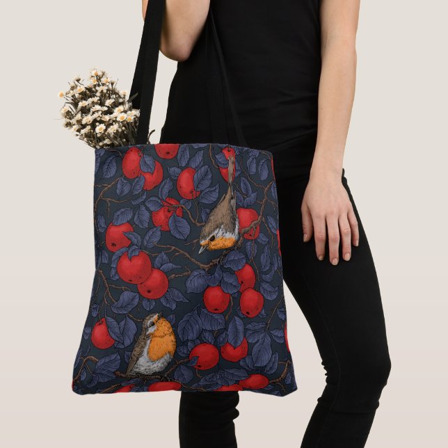 Rotkehlchen im Apfelbaum/ blau und rot  Tasche (Von Nahem)