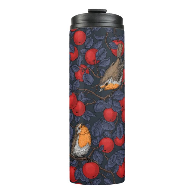 Rotkehlchen im Apfelbaum/ blau und rot  Thermosbecher (Vorderseite)
