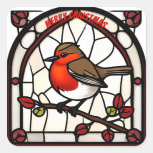 Rotkehlchen im Bleiglas "Frohe Weihnachten" Quadratischer Aufkleber