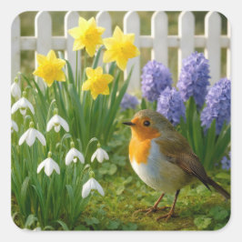 Rotkehlchen in einem Frühlingsgarten Quadratischer Aufkleber