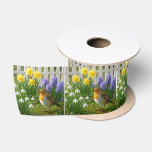 Rotkehlchen in einem Frühlingsgarten Satinband