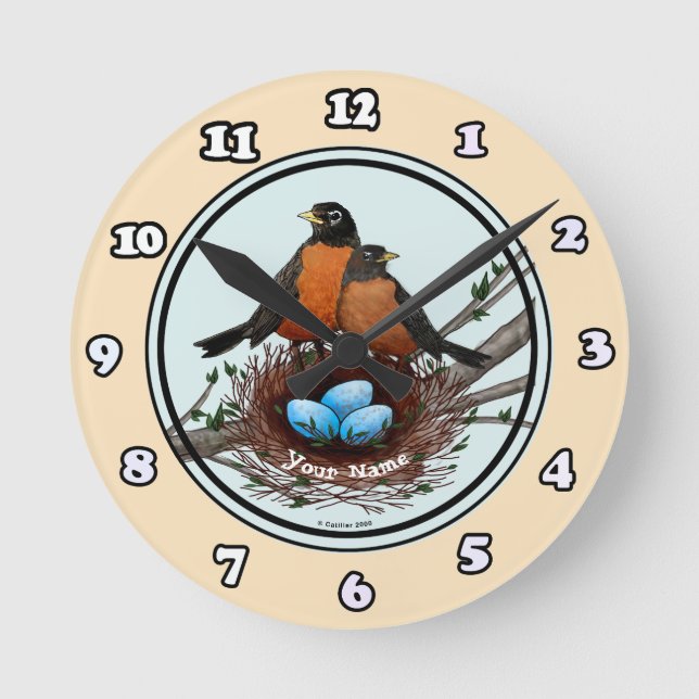 Rotkehlchen-Nest-Uhr Runde Wanduhr (Vorderseite)