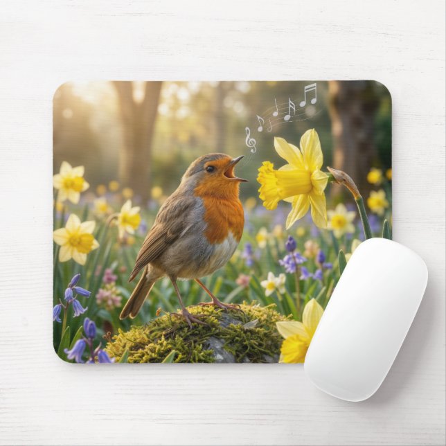 Rotkehlchen singt in eine Narzisse Mousepad (Mit Mouse)