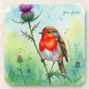 Rotkehlchen und Distelblüten - Botanisches Aquarel Getränkeuntersetzer