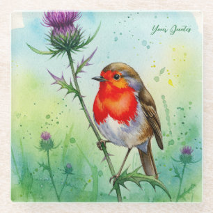 Rotkehlchen und Distelblüten - Botanisches Aquarel Glasuntersetzer