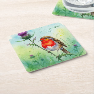 Rotkehlchen und Distelblüten - Botanisches Aquarel Rechteckiger Pappuntersetzer