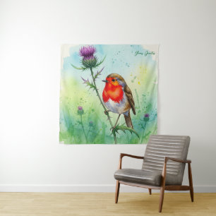 Rotkehlchen und Distelblüten - Botanisches Aquarel Wandteppich