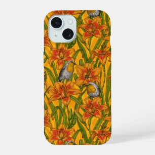 Rotkehlchen und Lilienblumen, orange und grün iPhone 15 Hülle