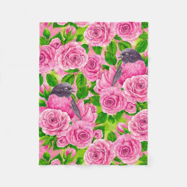 Rotkehlchen und Rosen Fleecedecke (Vorderseite)