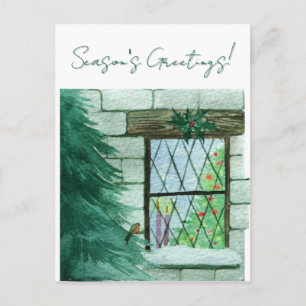 Rotkehlchen vor einem festlichen Fenster Weihnacht Postkarte