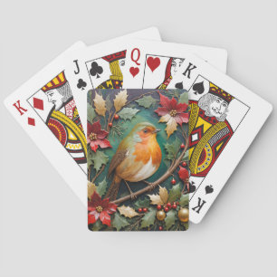 Rotkehlchen zwischen Stechpalme und Weihnachtsster Spielkarten