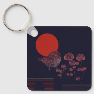 Rotkehlchenillustration mit roter Sonne Schlüsselanhänger