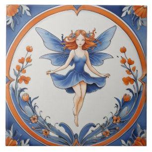 Rotköpfige Fee in der Natur Blau & Orange Blumen Fliese