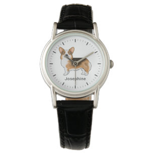 Rotköpfiger dreifarbiger Pembroke Welsh Corgi und Armbanduhr