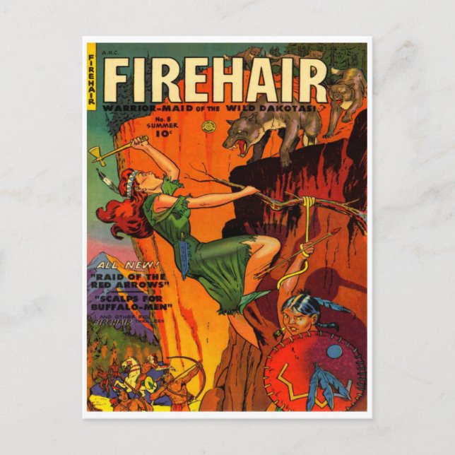 Rotkopfkriegermädchen kämpfen Wölfe Postkarte (Vorderseite)