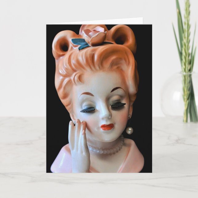 Rotkopflady Head Vase Pink Rose in der Haare Puppe Karte (Vorderseite)