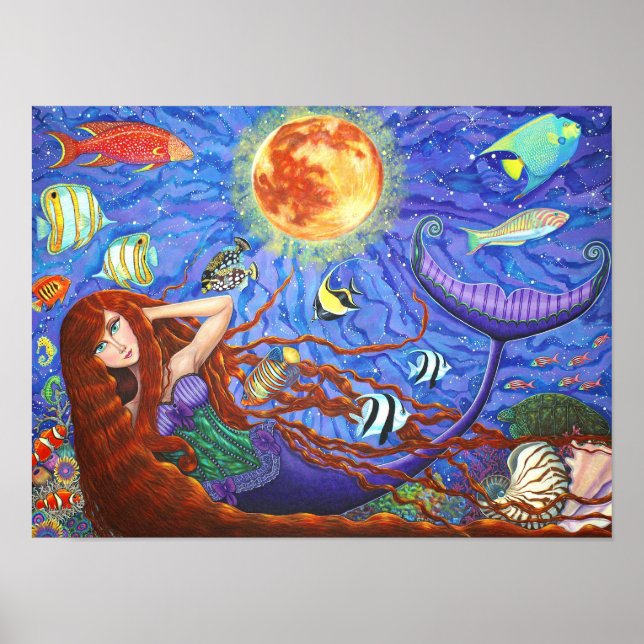Rotkopfmaid in Corset mit Mond und Fisch Poster (Vorne)