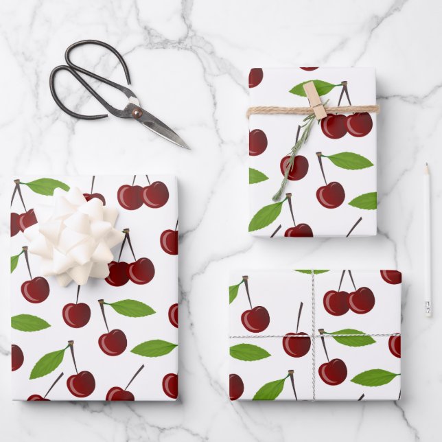 Rotkrebse, Kirschmuster, Blätter, Obst Geschenkpapier Set (Vorderseite)