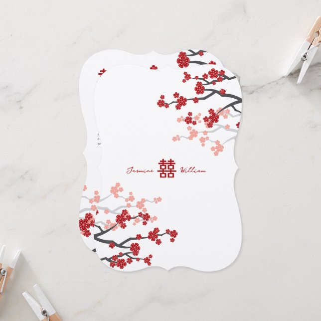 Rotkrebserblüten und Chinesische Doppelhochzeit Einladung (Vorderseite/Rückseite Beispiel)